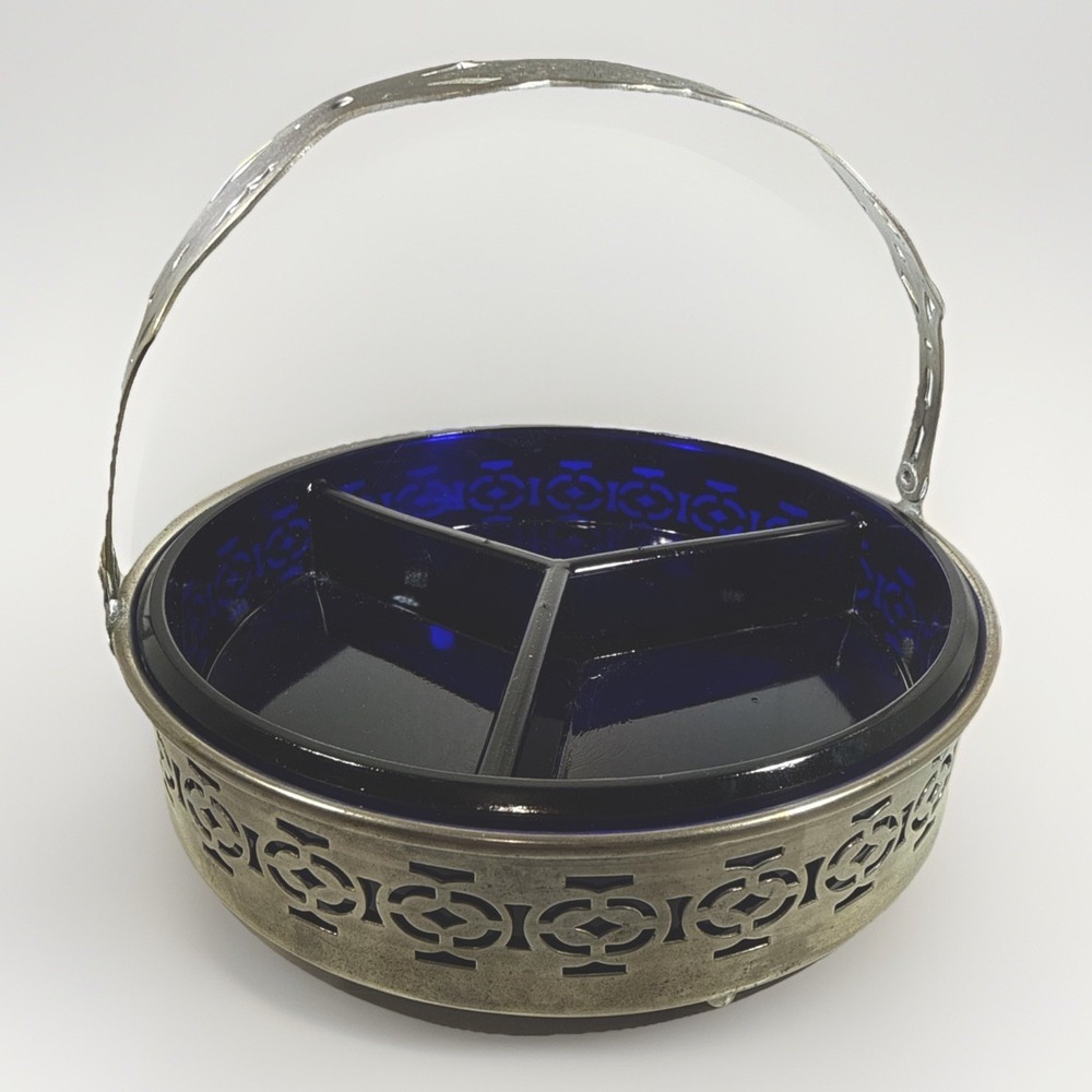 Vintage Relish Dish Silver Plate Ornate Cobalt Blue Deco Divided Glass